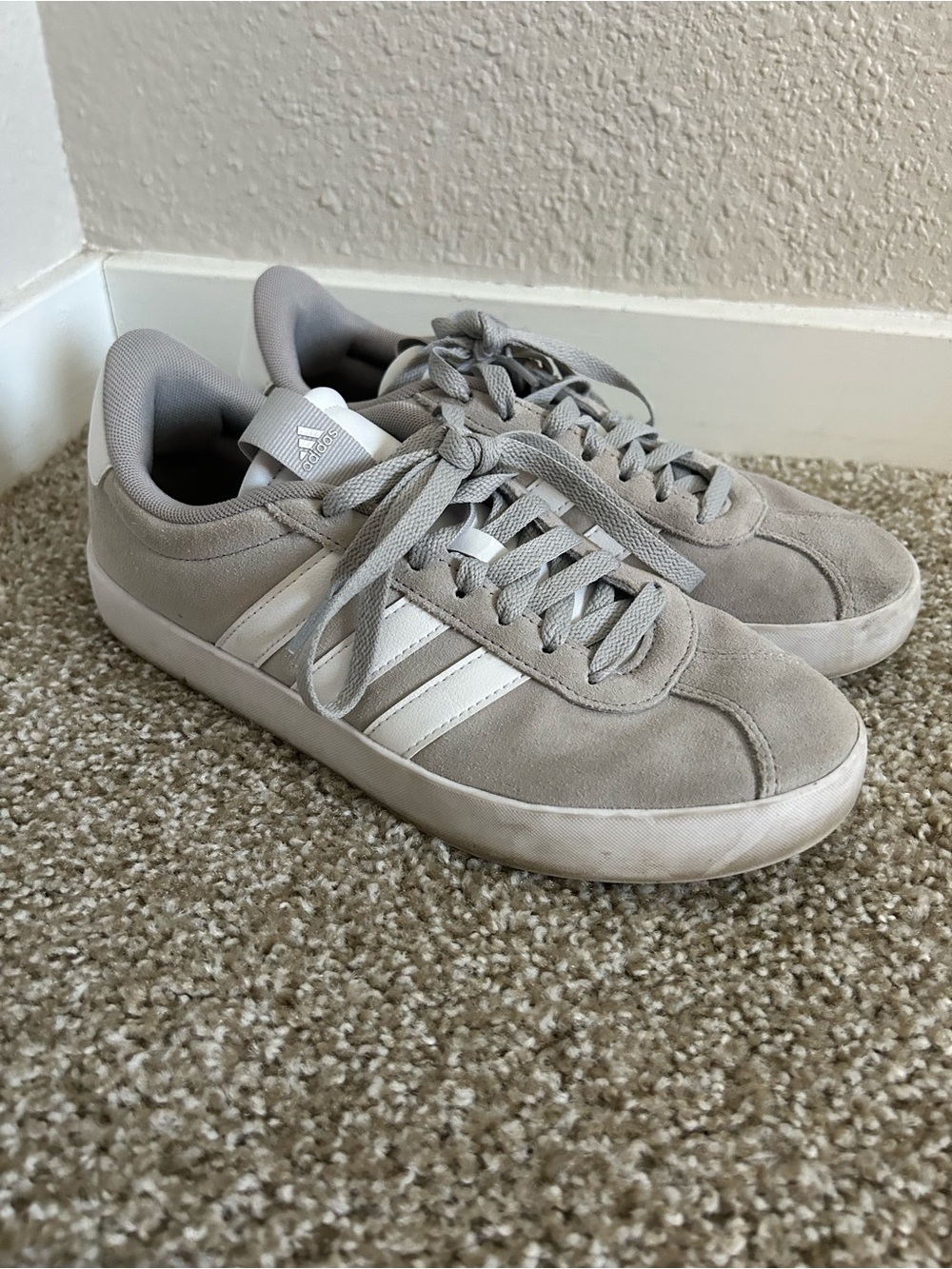 adidas Women’s Light Gray Suede Sneakers with White Stripes